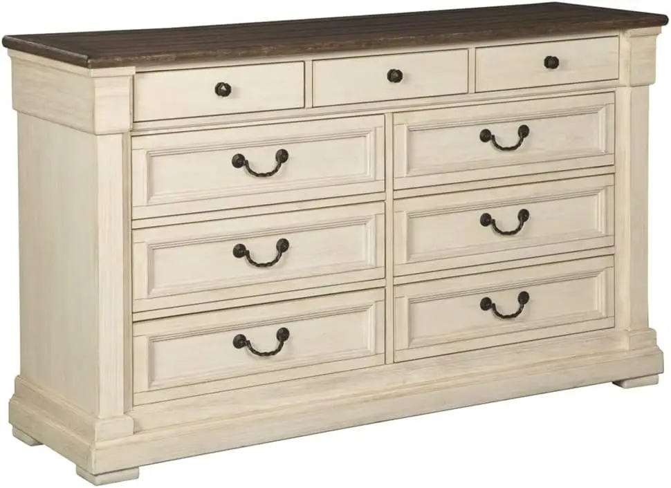 Farmhouse 9 Drawer Dresser with Dovetail Construction Antique White Weathered Gray it's sure to impress every time