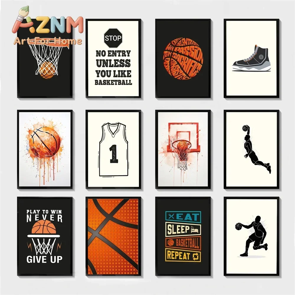 AZNM Basketball Canvas Print, Hoop Sneaker Jersey Player Silhouette Motivational Sports Quote Unframed Boys Room Wall Art Poster