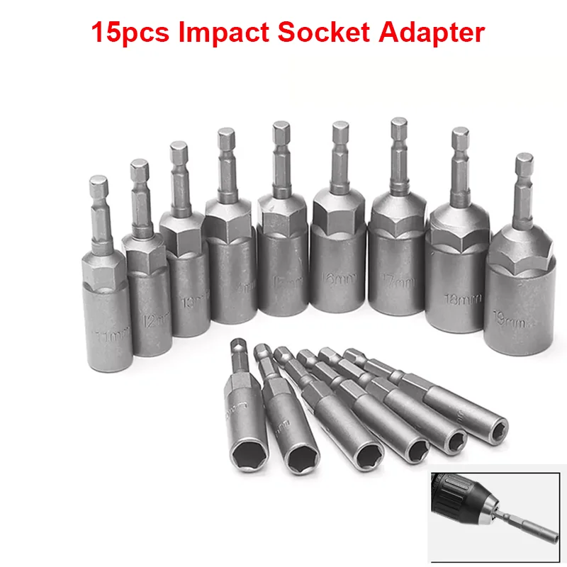 

15Piece 80Mm Length Deepen Power Nut Driver Drill Bit Set 5.5-19MM Gray-Black for Power Tools 6.35MM Hex Shank Hand Tools