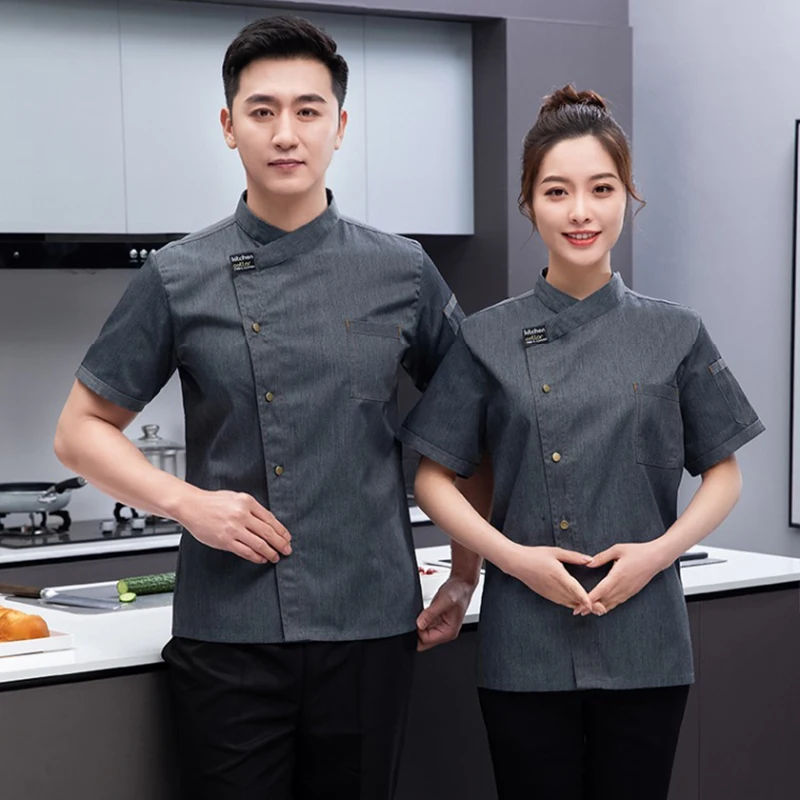 Summer Thin Chef Jacket Short Sleeves Breathable Hotel Restaurant Kitchen Uniform Men and Women Cook Shirt Chef cap Apron Set