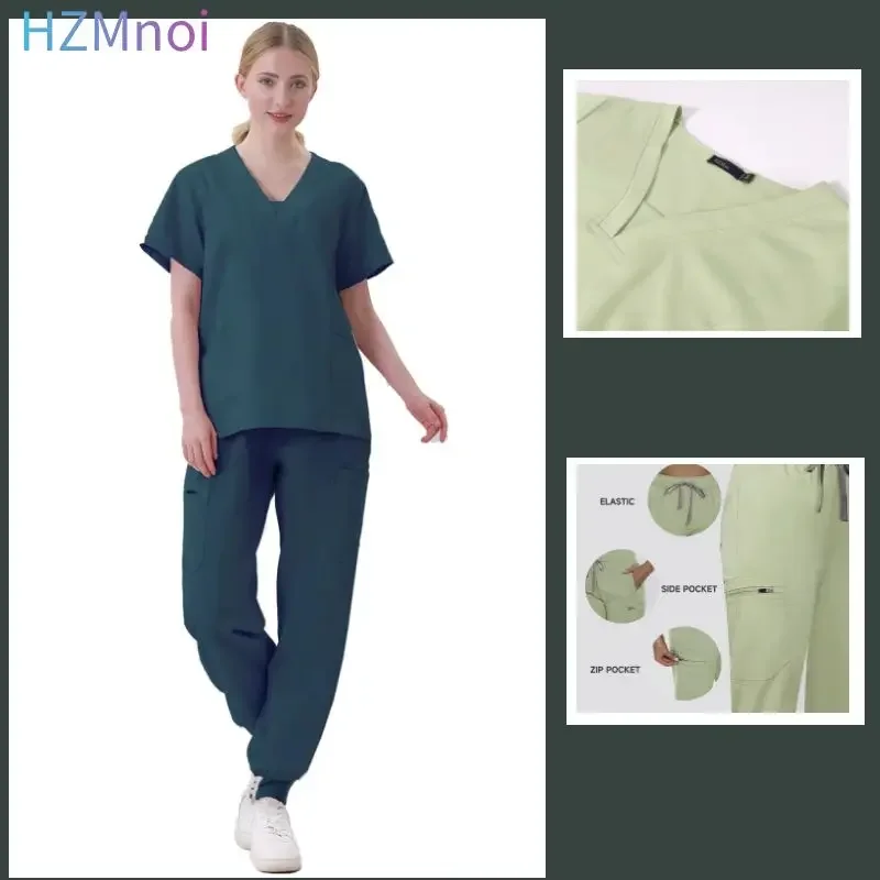 

New Short Sleeve Scrubs Top with Pocket Pants Medical Nurse Uniforms Doctor Surgery Overalls Spa Outwear Beauty Salon Workwear