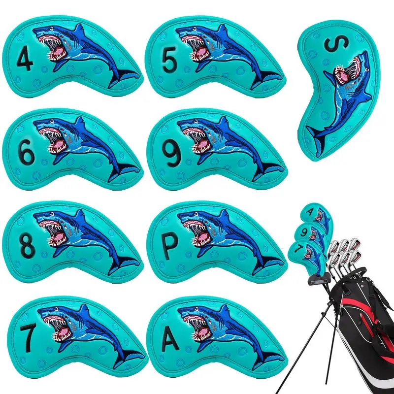 9PCS Golf Head Covers Set Embroidered Shark Golf Club Head Cover Golf Club Covers Set Waterproof Protective Headcover Iron Golf