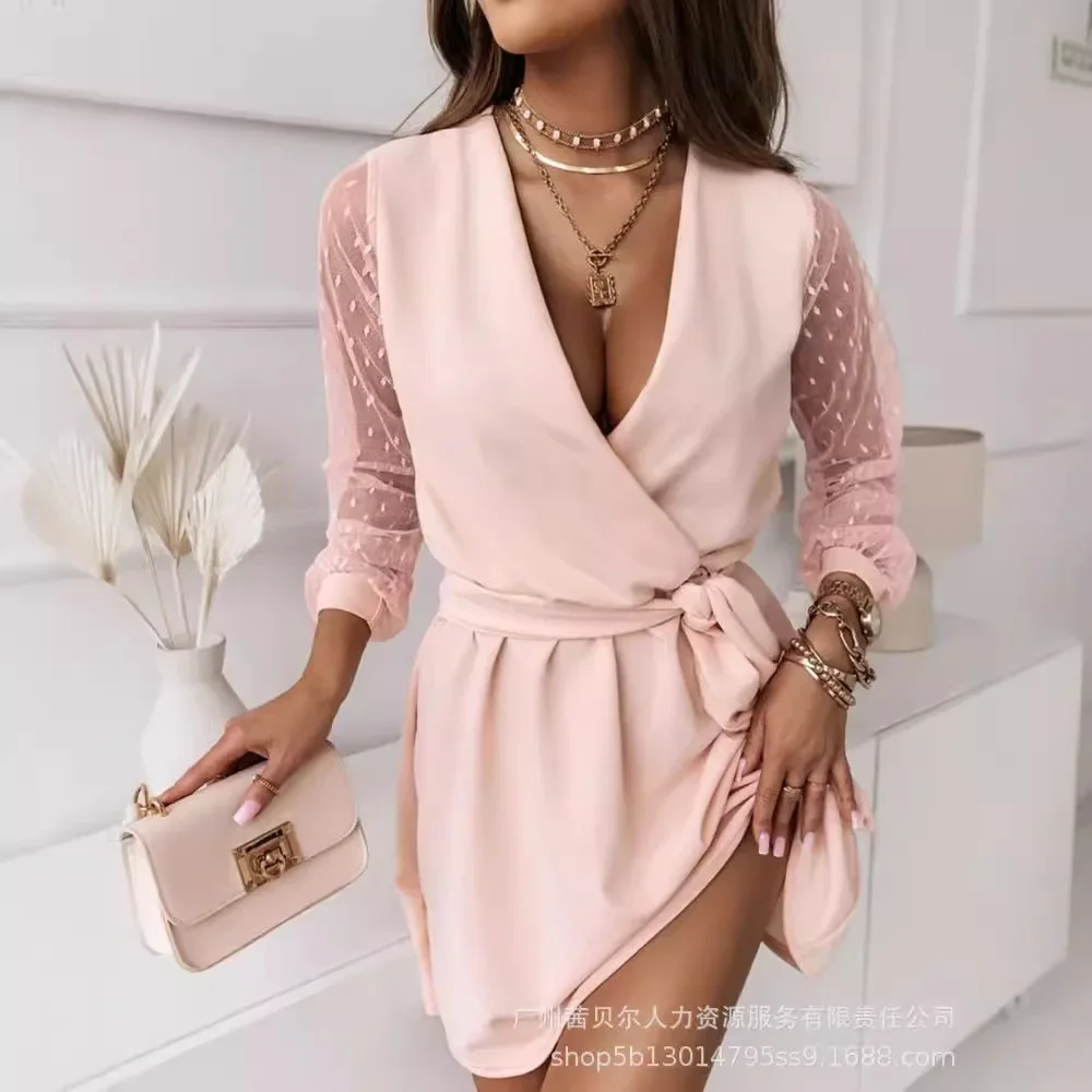 Waist Strap V-neck Casual Mini Dress Office Lady Solid Color Bodycon Dress Women Long Mesh Splicing Sleeve