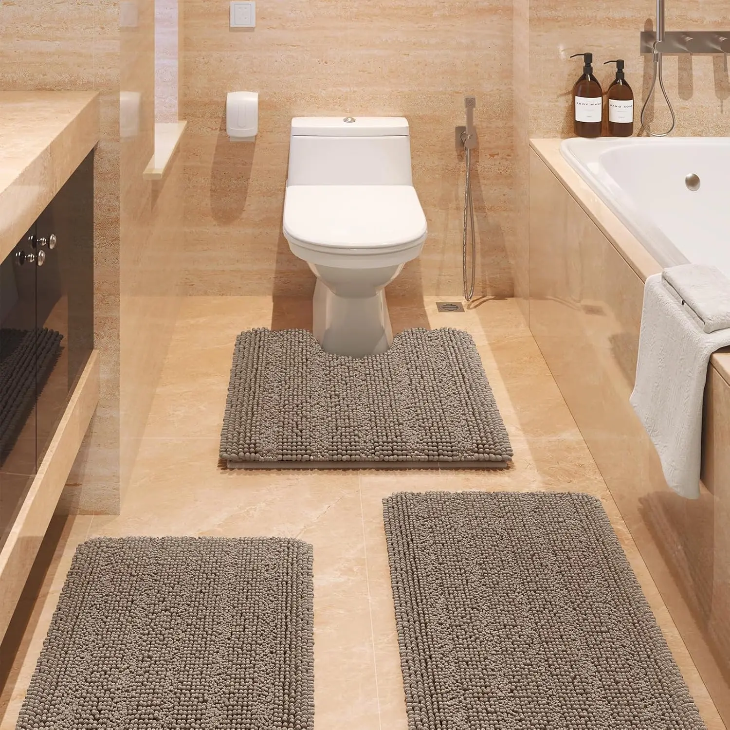 

Striped Ultra Soft Bathroom Rugs and Mats Set 3 Pieces Bath Mat Set Dark Beige, Thick Chenille Bath Rugs Non Slip Bath
