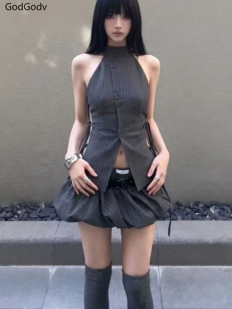 IMU Korean Fashion Sexy Coquette Pinstripe Halter Top Waist Cinched Bubble Mini Skirts 2 Piece Set Women Daily Streetwear Outfit