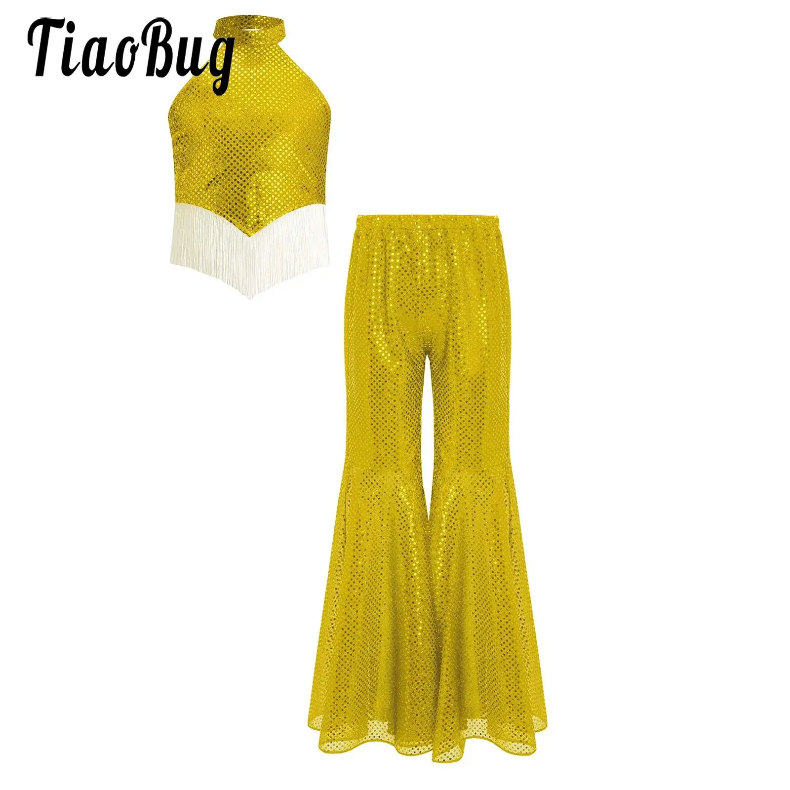 

Kids Girls Sparkly Sequins Disco Costume Outfit Jazz Tango Dance Dresses 2pcs Halter Sleeveless Crop Top with Bell-Bottom Pants