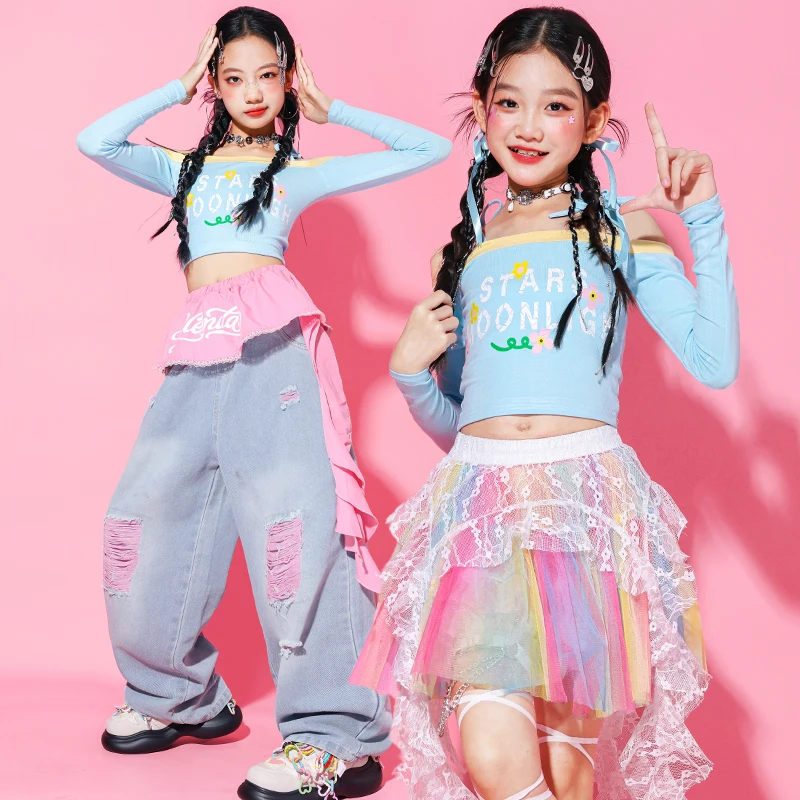 Chicas de Hip Hop K-pop con hombros descubiertos, Top corto dulce, pantalones Cargo, faldas Tiere, ropa de calle para niños, conjunto de ropa de baile de grupo de Jazz para niñas