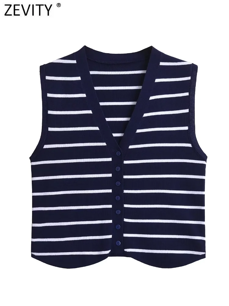 Zevity Women Fashion V Neck Sleeveless Striped Knitted Vest Sweater Female Chic Single Breasted Cardigan Waistcoat Tops SW6280