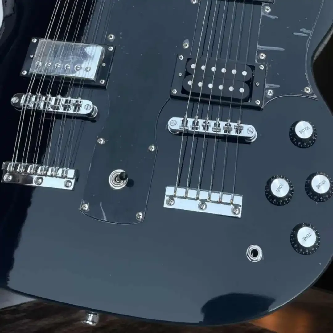 Midnight Blue Gloss Double Neck SGYI Electric Guitar Fixed Bridge Dual Humbucker 6+12 String Rectangular Mother Pearl Inlays