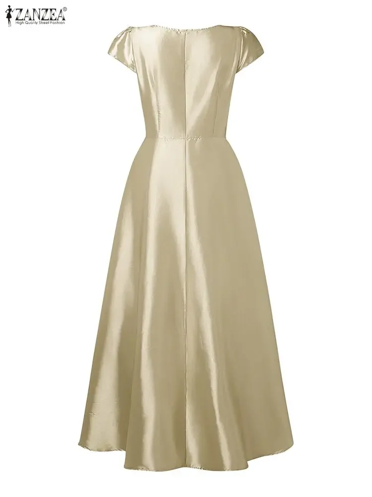 ชุดเดรสยาวผ้าซาตินสำหรับผู้หญิง ดีไซน์หรูหรา แบรนด์ ZANZEA ปี 2025 เหมาะสำหรับงานปาร์ตี้ คอเหลี่ยม ทรงเอวเข้ารูป กระโปรงทรงเอ  ชุดเดรสลำลองสำหรับฤดูร้อน