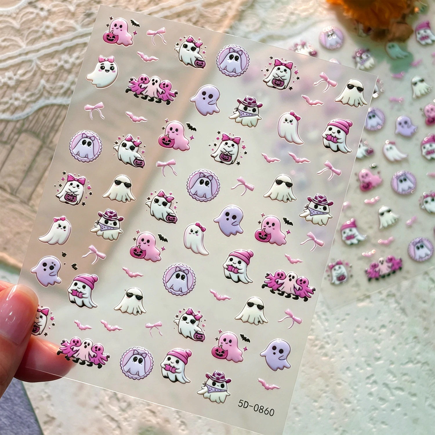 Sweet Pink Ghost Halloween Nail Art Stickers Cute Ghost Bow Spiderweb Decals Self-Adhesive Nail Decoration Holiday Nail Supplies