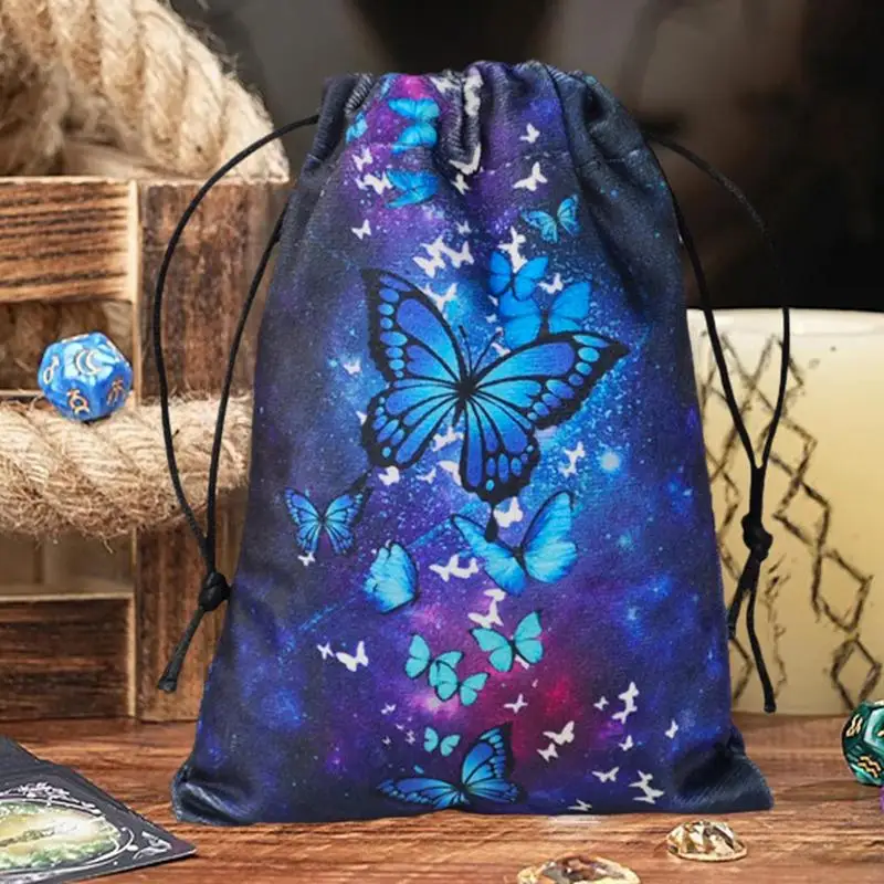 Bolsa de almacenamiento de Tarot con cordón, patrón de mariposa, bolsa de piedra de cristal, soporte para dados