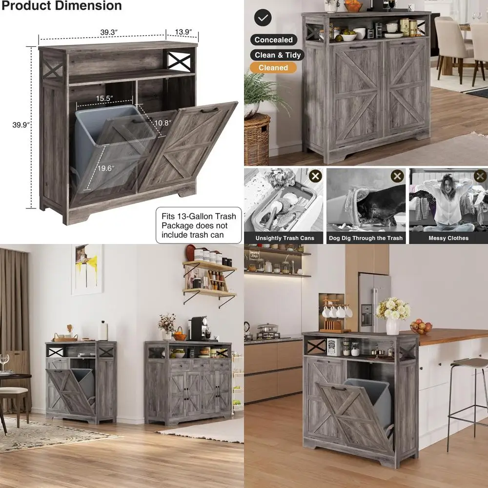 

Grey Dual Tilt-Out Trash Bin Cabinet for 26-Gallon Cans, Farmhouse-Style Hidden Storage, Dog-Proof Recycling Solution for Home