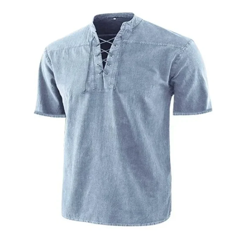 LIBIELIY T Shirt Men Stand Collar Front Lace Up Short Sleeve V Neck Slim T Shirt Streetwear For Daily Wear Solid Retro Casual To