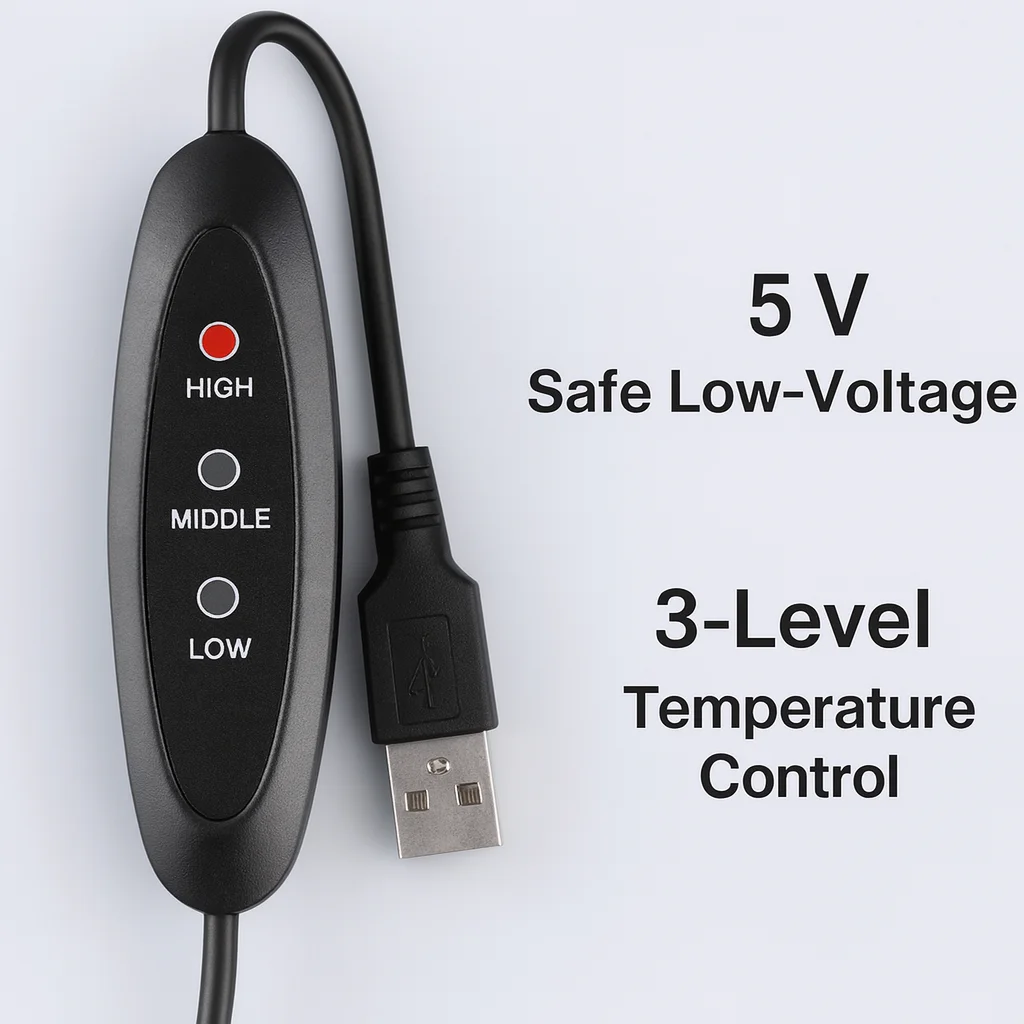 USB Heated Pad 5V Safe Low Voltage · 3-Level Temperature Control · Washable Soft Mat for Home Office Car and Pet Use