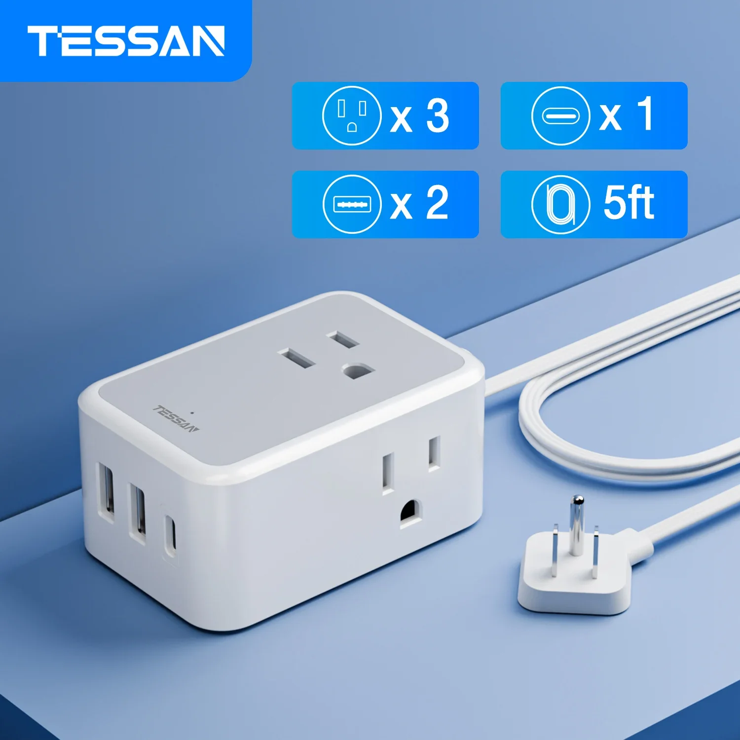 TESSAN 6 in 1 Ultra Thin Power Strip with 3 AC Outlets & 3 USB (1 USB C), 5FT Flat Plug Extension Cord for Home Office Travel