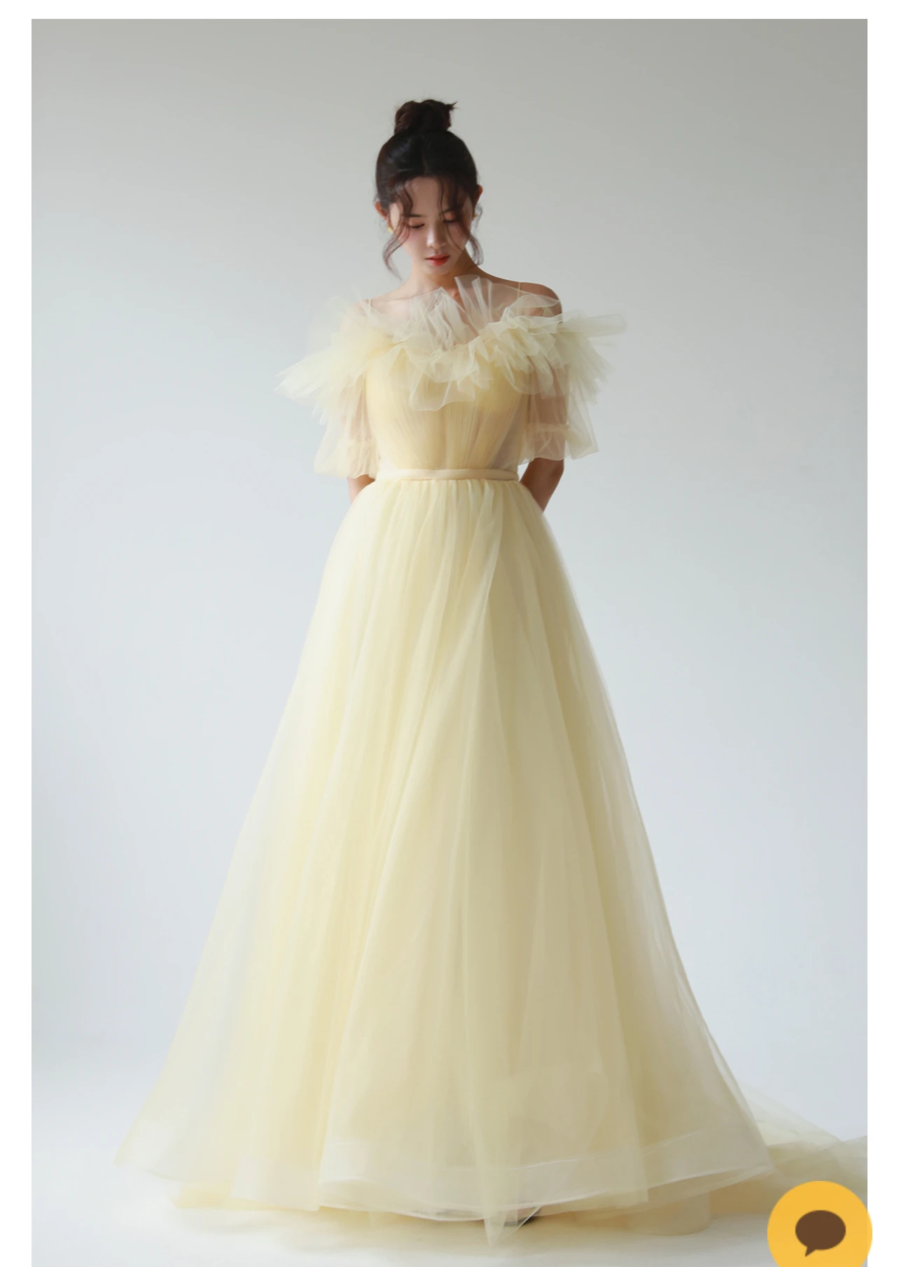 

OLOEY Fairy Light Yellow Tulle Korea Evening Dresses Photo shoot Wedding Off Shoulder Sleeves Corset Back Prom Gowns