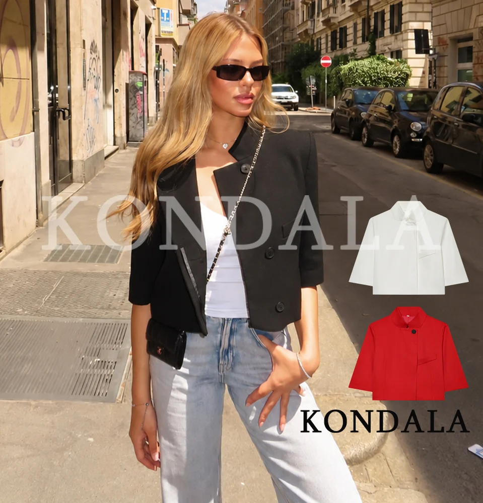 Women Chic Short Sleeve Suit Jacket KONDALA 2026 Summer Trendy Commute High Street Female Blazer Minimalist Elegant Short Blazer