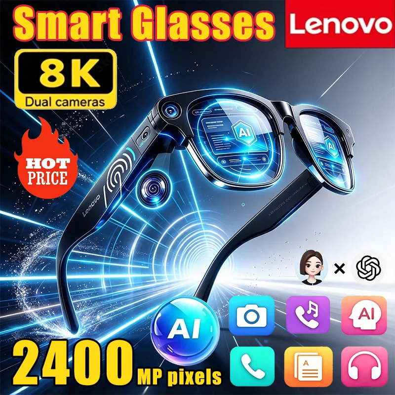Lenovo AI ChatGPT Smart Translation Eyewear 2400MP 8K Bluetooth Touch Control 8K Photo Capture Call Record Music Play