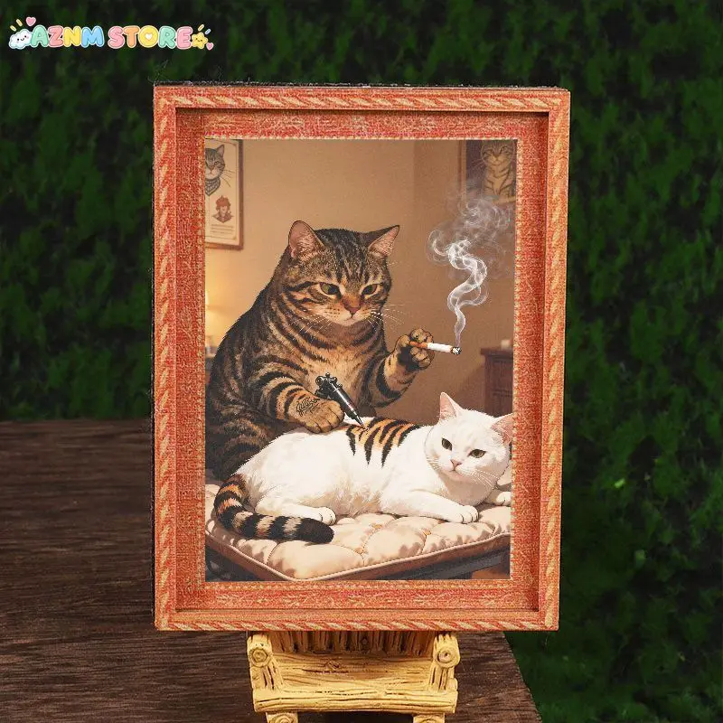 2027,A Mini-sized Refrigerator Magnet in the Shape of a Picture Frame, Featuring a Tabby Cat Tattooing Another White Cat. It'
