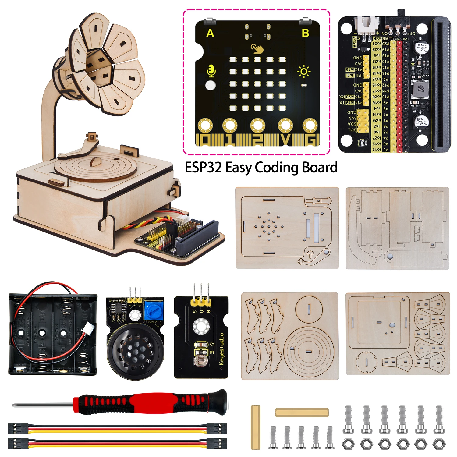 Keyestudio ESP32 Programming DIY Mini Light Controlled Phonograph Kit For Arduino Programming DIY Painting Color & Learning Kit