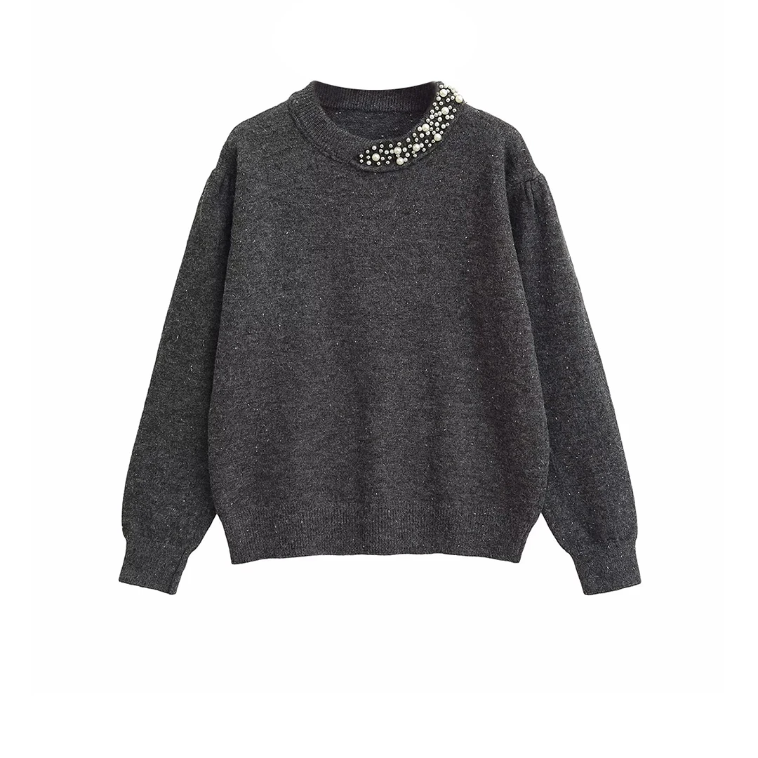 

Korejepo New Women Clothing European American Style Fashion Nail Bead Decoration Round Neck Long Sleeve Pullover Knitted Sweater