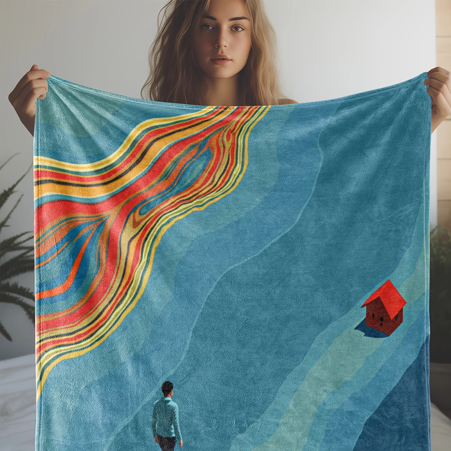 1pc Zeal Lily Flannel Blanket - Turquoise Blue & Orange Retro Wave & House Print with Red Roof House Design, Soft Warm All-Seaso