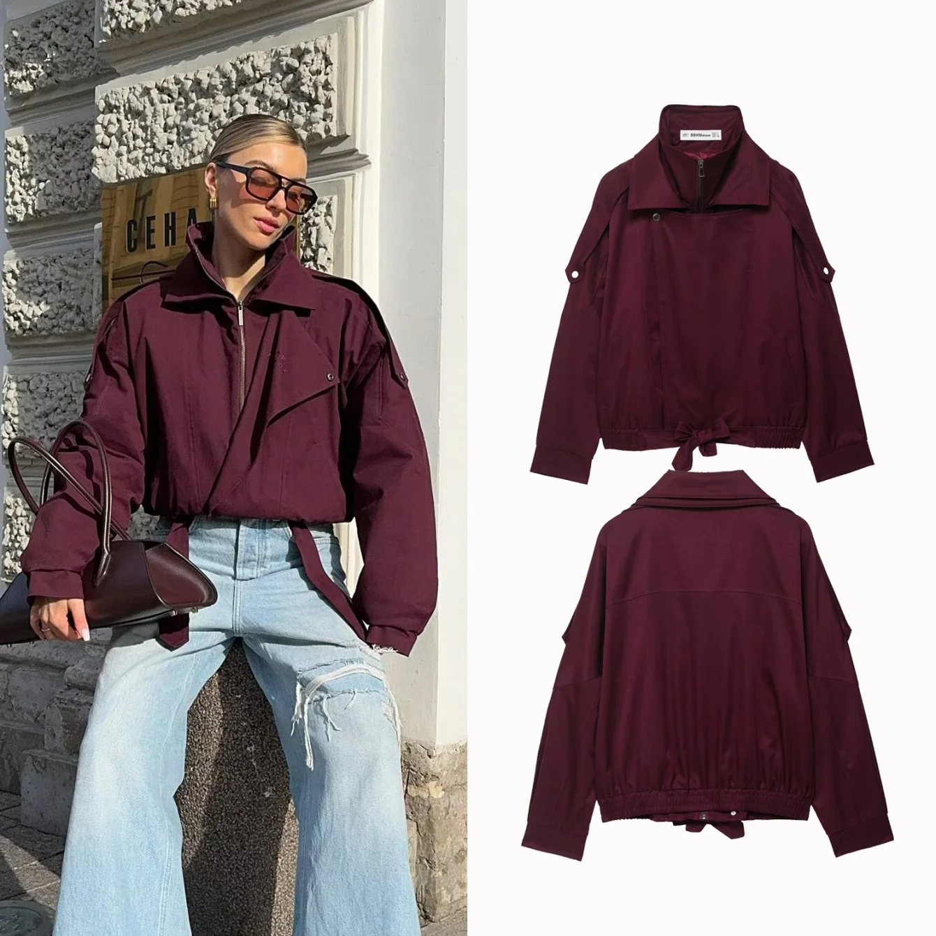 

Autumn Fashion Burgundy Zipper Bomber Jackets Women Loose Stand Collar Long Sleeve Pockets Short Coats Ladies Street Outerwear