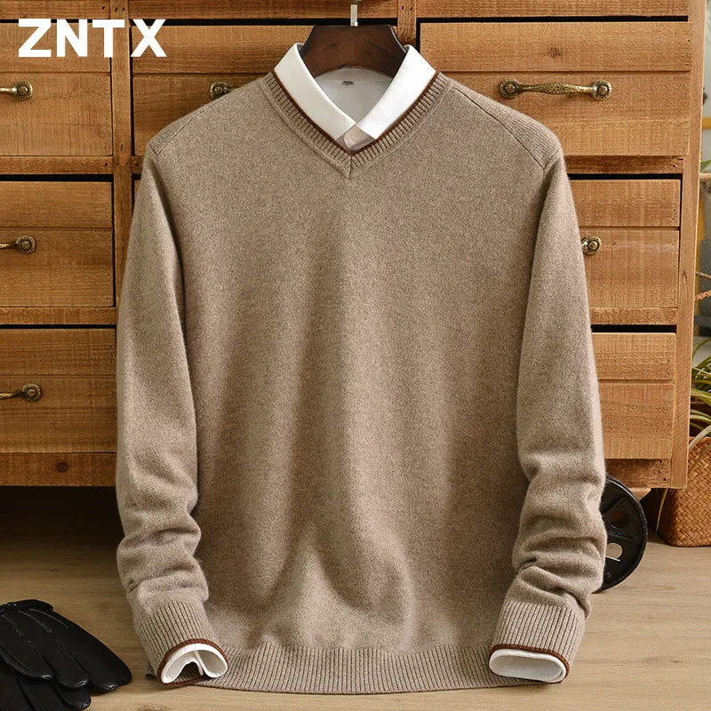 ZNTX Pure cashmere sweater men's V-neck business casual winter thickened thermal pullover knit sweater middle-aged pullover