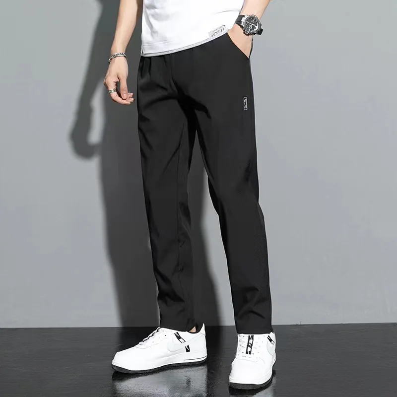 

Straight Tube Slim Fit Men's Casual Pants Summer Thin Ice Silk Pants Men's Trendy Brand Sports Cropped Trousers Pocket Pants
