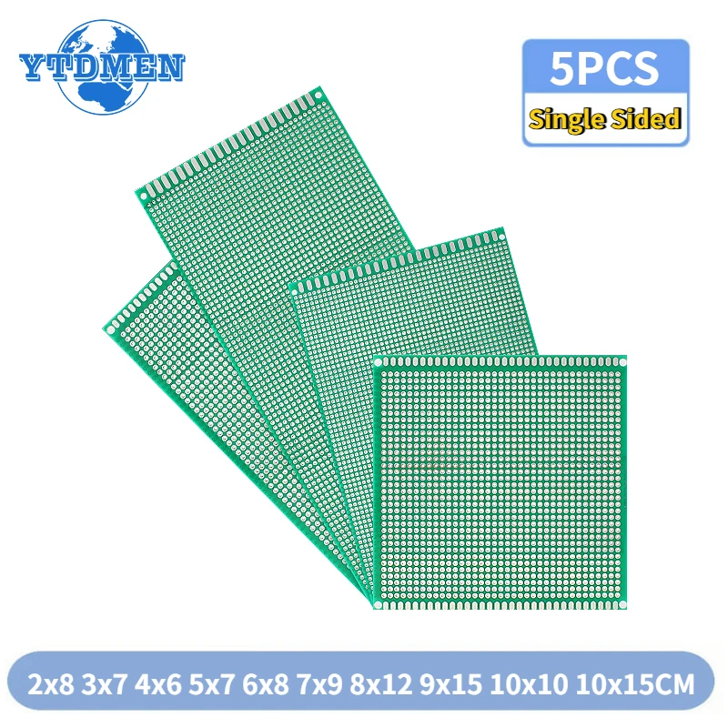 5PCS PCB Prototype Board 9x15 2x8 3x7 4x6 5x7 6x8 7x9 8x12 10x10 10x15cm Green Single Sided Printed Circuit Board DIY Universal