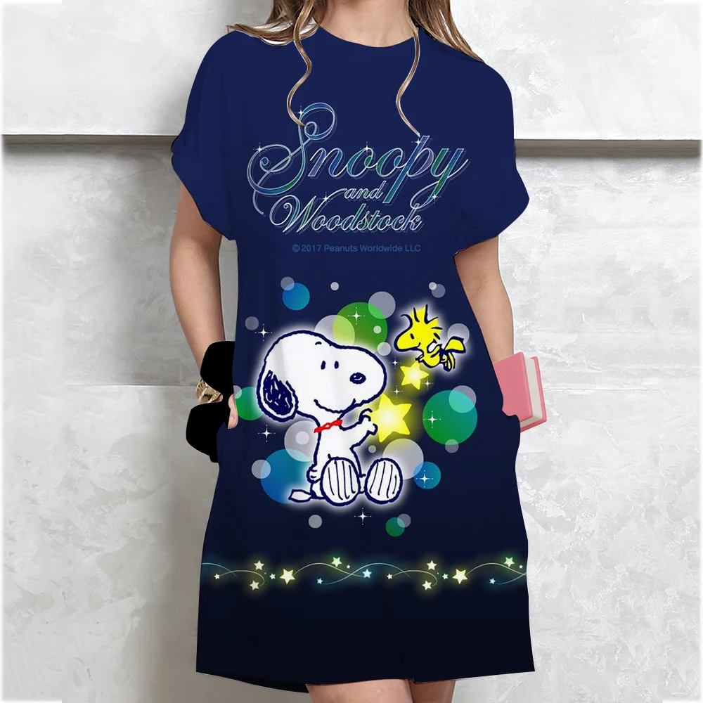 Zomer losse steek print T-shirt jurk dameskleding student middellange jurk met korte mouwen cartoon stijl polyester stof