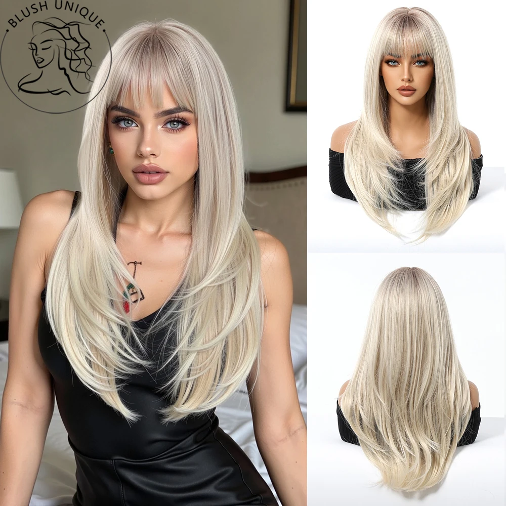

Ombre Blonde Layered Cut Wigs for Women Long Wig with Bangs Natural Straight Wigs Synthetic Hair Heat Resistant Wigs Cosplay