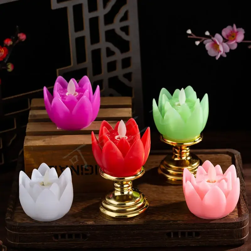 Lotus Flower Candles Swing Flame Electronic Candles for Buddhist Offerings Temple Religious Services Decoration Holy Lotus