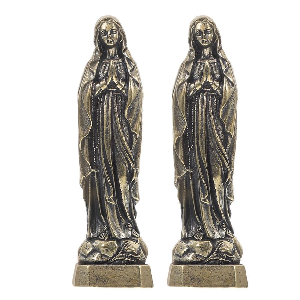 

2pcs Virgin Statue Religious Brass Sculpture Vintage European Style Home Decor Metal Figurines Blessing Protection