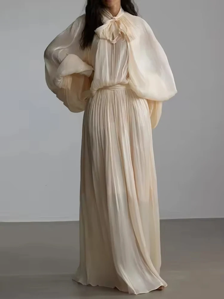 

Однотонное тонкое длинное платье со складками для женщин, воротник-стойка с бантом и длинными рукавами, темпераментное платье с высокой талией, модное свадебное платье