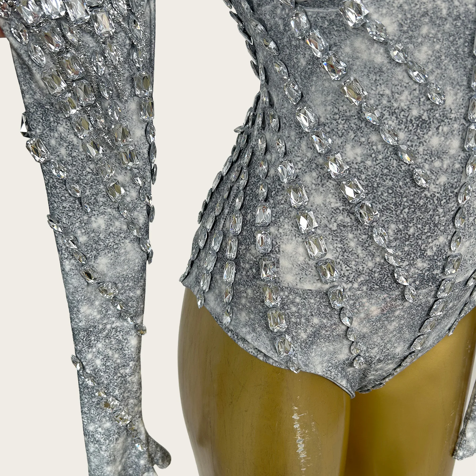 Strapless Silver Glitter Bodysuit Sparkly Rhinestones 3D Glitter Sexy Women Tassel Stage Drag Queen Performer Costume Leidian