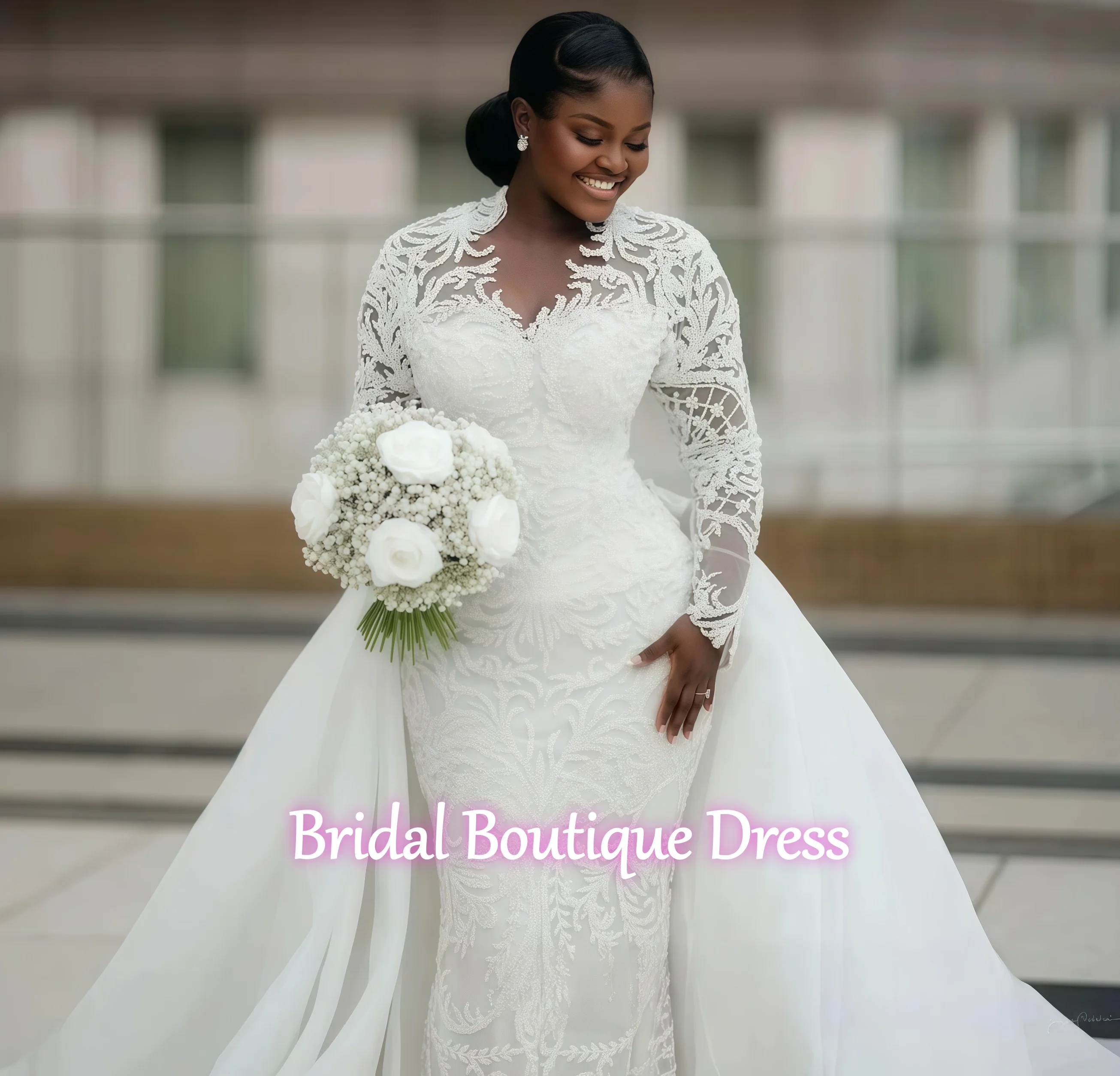 Maßgeschneidertes Luxus-Meerjungfrau-Hochzeitskleid in Übergröße, Brautkleider für die Braut, Illusion, abnehmbare Schleppe, lange Ärmel, Perlenspitze