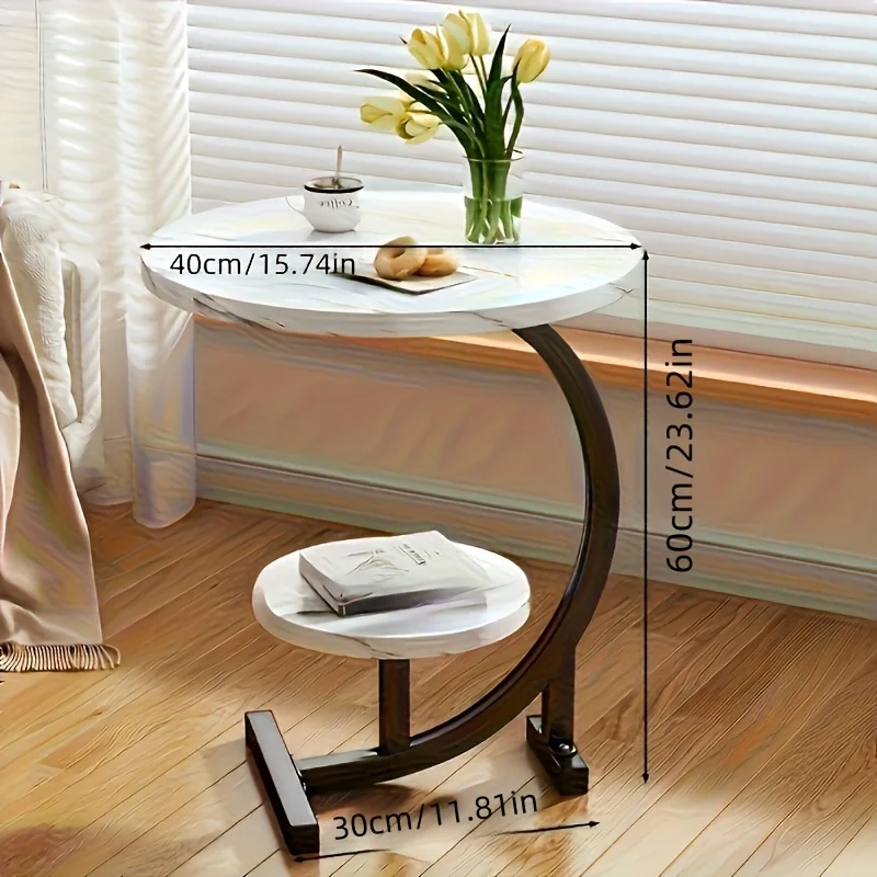 طاولة جانبية مستديرة حديثة - طاولة تخزين مزدوجة الطبقات لغرفة المعيشة وغرفة النوم |   تصميم موفر للمساحة