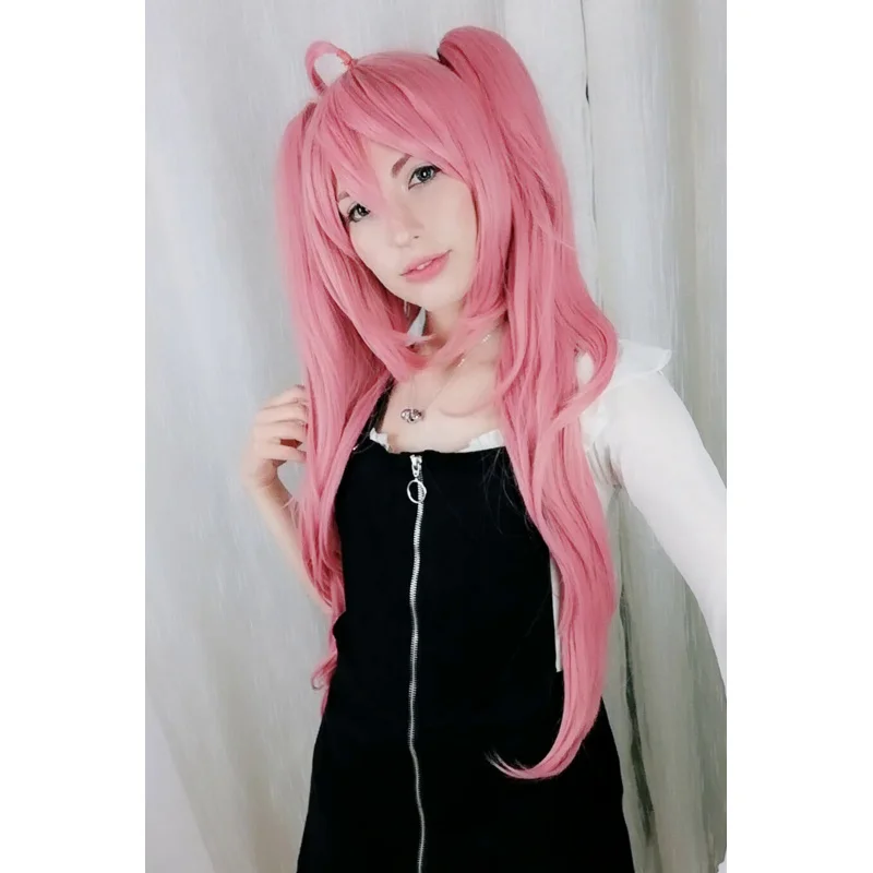 Danganronpa Junko Enoshima peruca cosplay para mulheres, cabelo rosa longo encaracolado, peruca rabo de cavalo