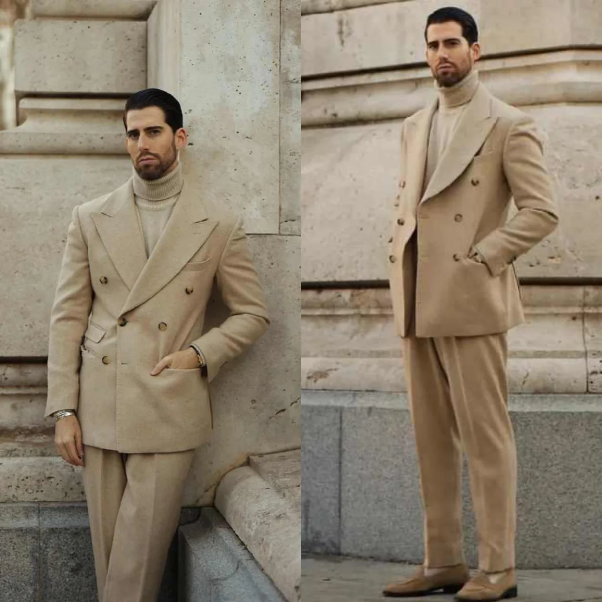 

Autumn Winter Men Suits Peaked Lapel Double Breasted Jacket Sets 2 Pieces Classic Fit Groom Wedding Tuxedos Customized