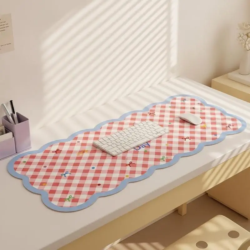 VIKAMA Pink Plaid Bow Large Desk Mat, Non‑Slip Waterproof Table Decor Pad