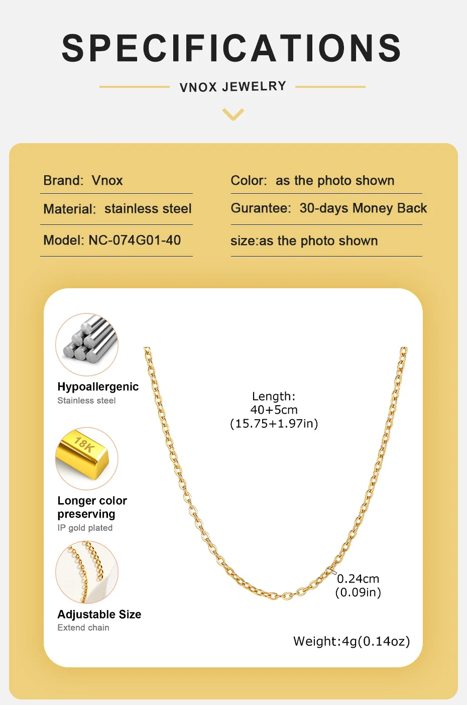 Vnox Trendige 2,4 mm vergoldete flache ovale Kettenhalskette für Damen, minimalistische dünne Edelstahlkette, geschichtete Halskette, Schmuck – Detail 4