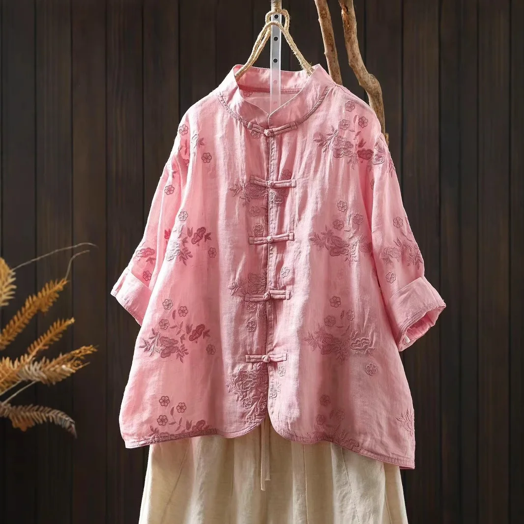 

Women Summer New Chinese Style Floral Embroidery Chic Ramie Shirts Stand Collar Frog Button 3/4 Sleeve Casual Loose Blosue Tops