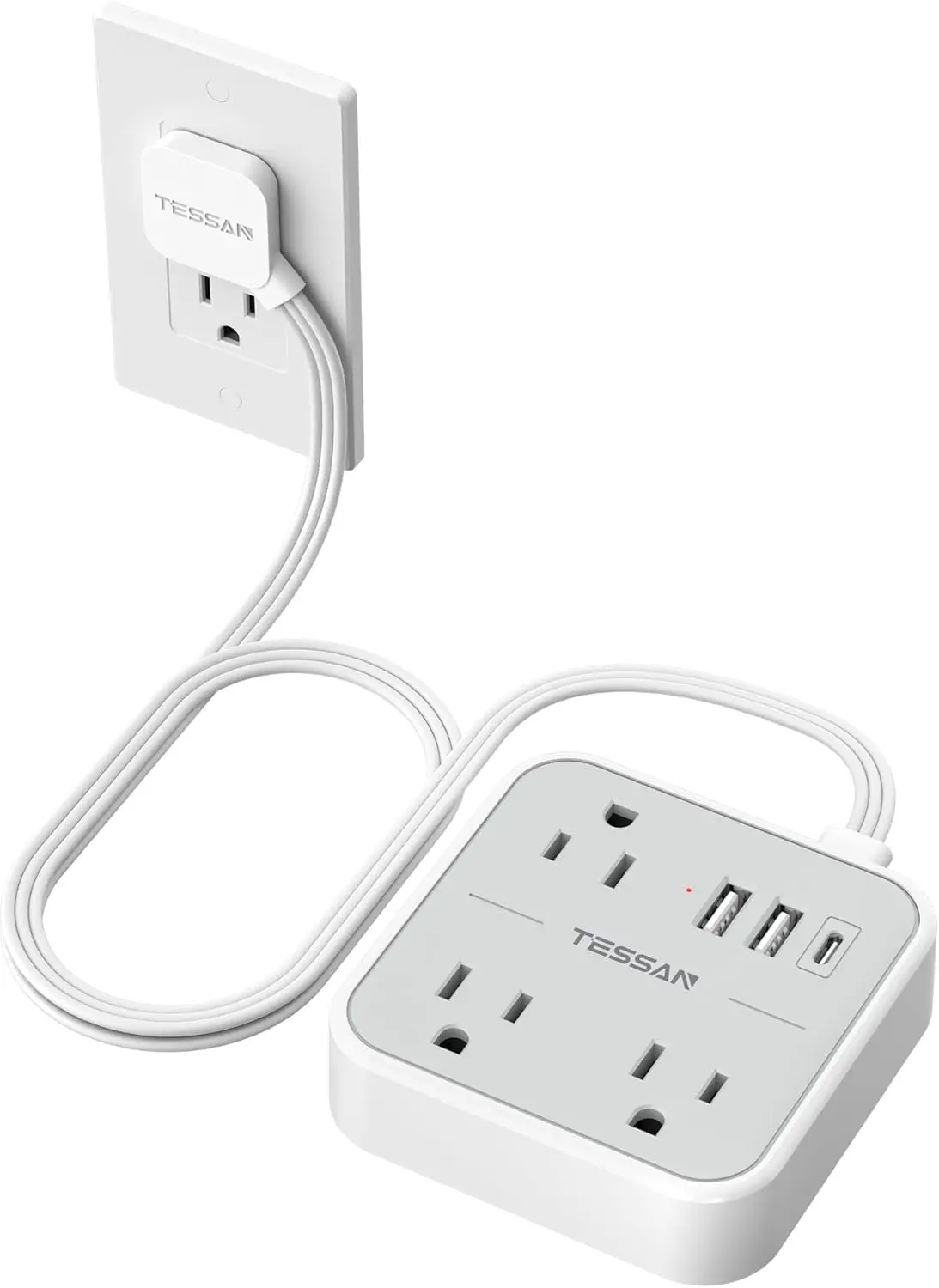 

Сетевой удлинитель 3FT с плоской вилкой, 3 розетками и 3 USB-портами (1 USB-C) для офиса, общежития, домашней зарядки