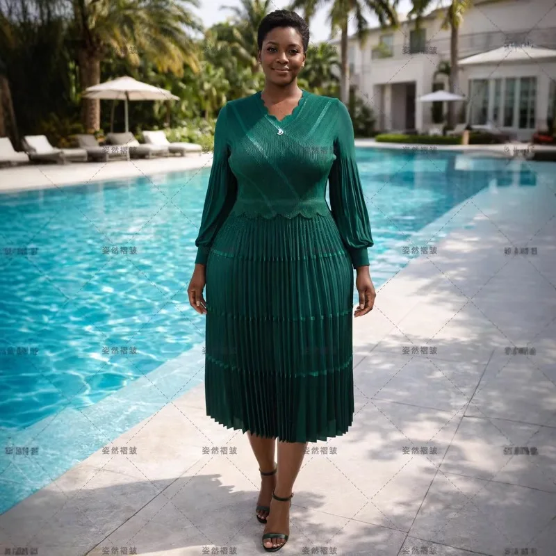 

Miyake European Plus Size Women Evening Dress Dark Green Pleated Dresses Commuter Long-sleeved V-neck Stretchy Long Skirt 2026