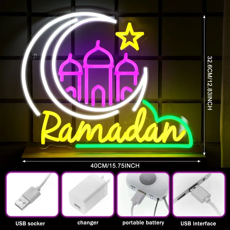 Moon Castle Neon Sign Ramadan Festival Lighted Window Wall Decor Home Bedroom Cafe Office Birthday Housewarming Gift Supplies