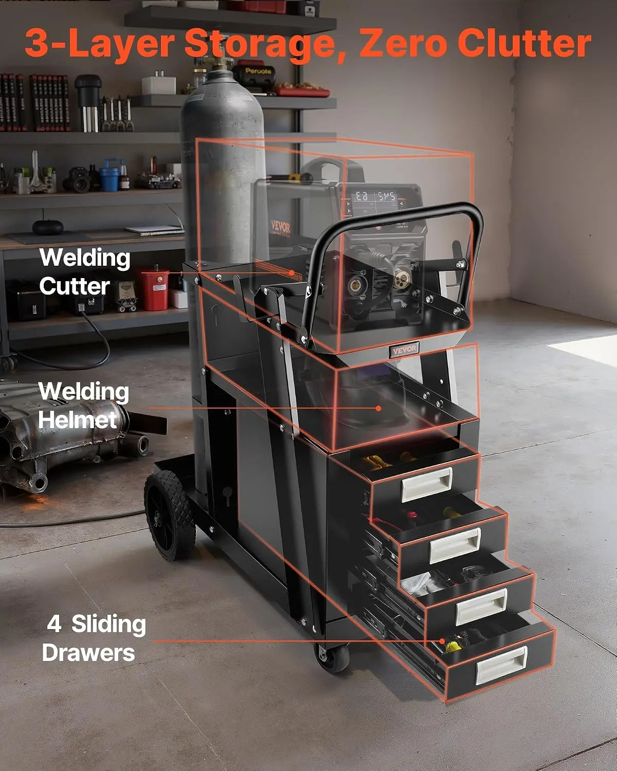 Welding Cart, 2-Tier 4 Drawers Welder Cart with 265 LBS Weight Capacity, 360° Swivel Wheels, Tank Storage Safety Chains, Heavy D