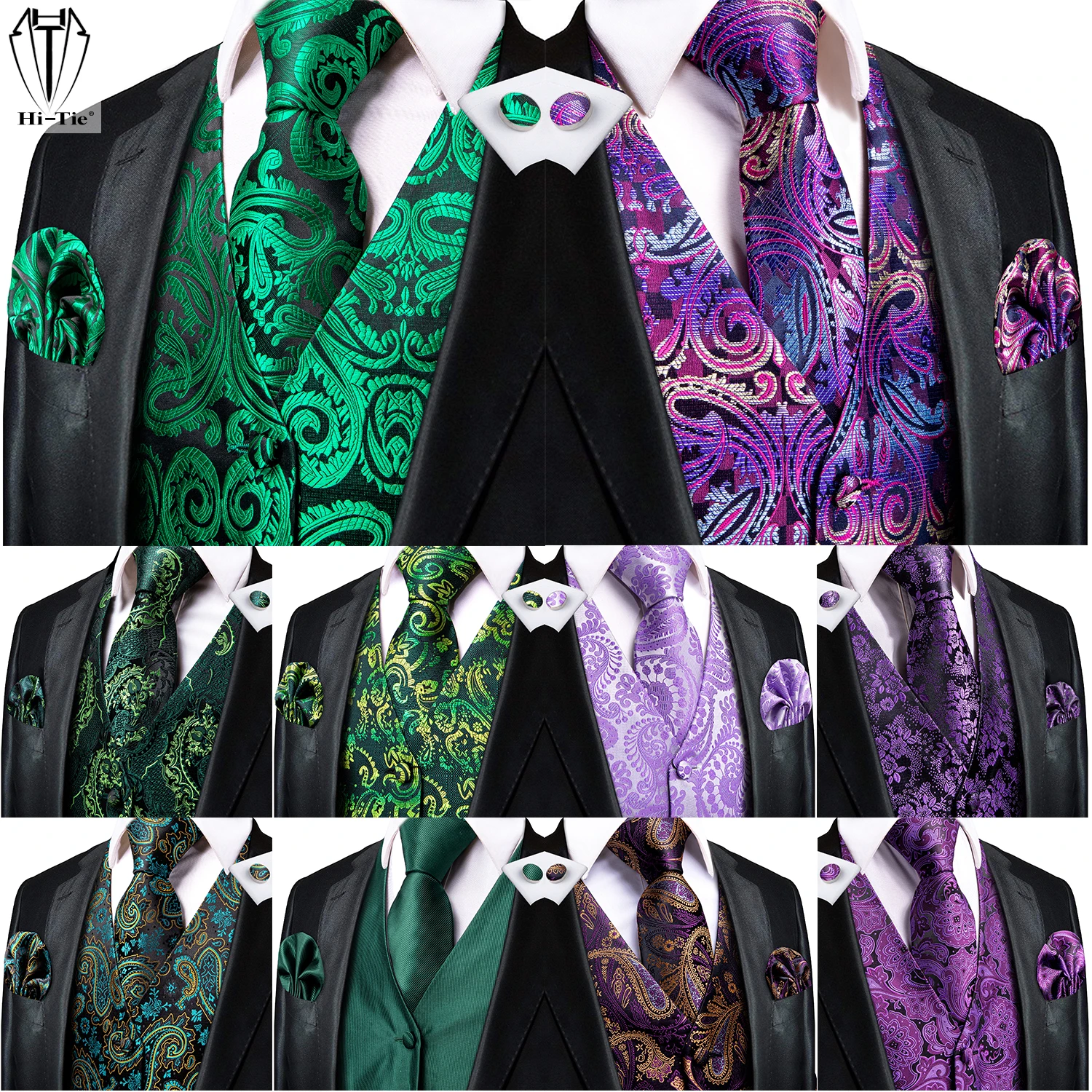

Hi-Tie Green Mint Purple Mens Silk Vest Tie Jacquard Autumn Spring Suit Waistcoat Jacket Necktie Hanky Cufflinks for Men Wedding