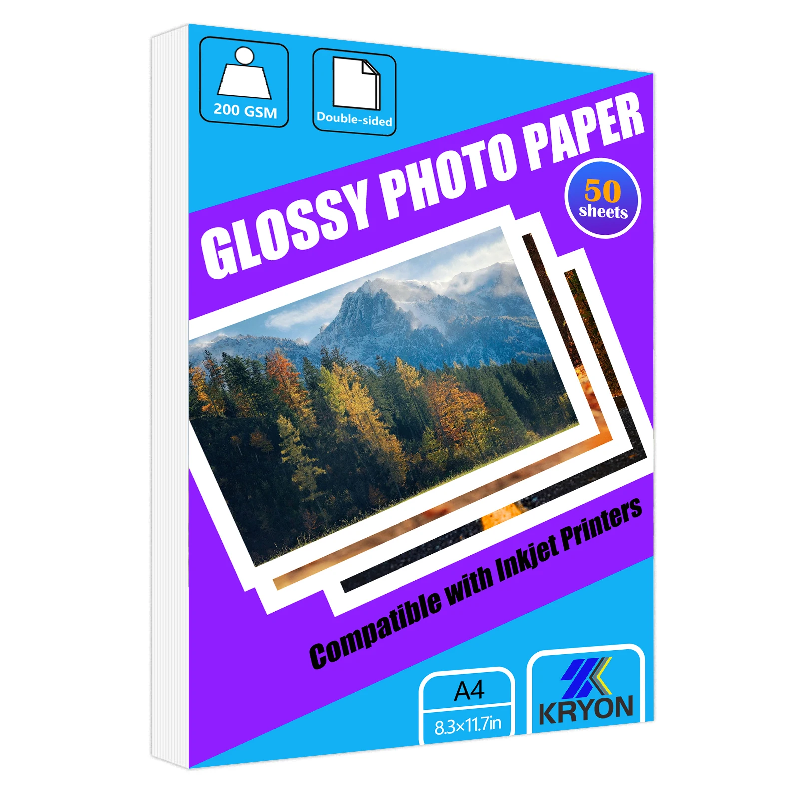 KRYON 양면 광택 사진 용지 50매 8.3x11.7인치 200 GSM 잉크젯 프린터용, 사진, 달력 및 공예용